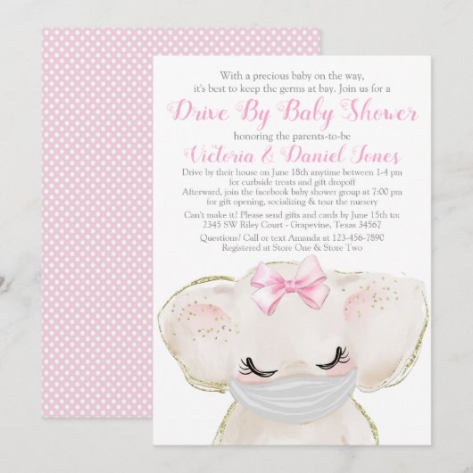 Invitation Baby Elephant avec Masque Drive Par Baby shower (Devant / Derrière)