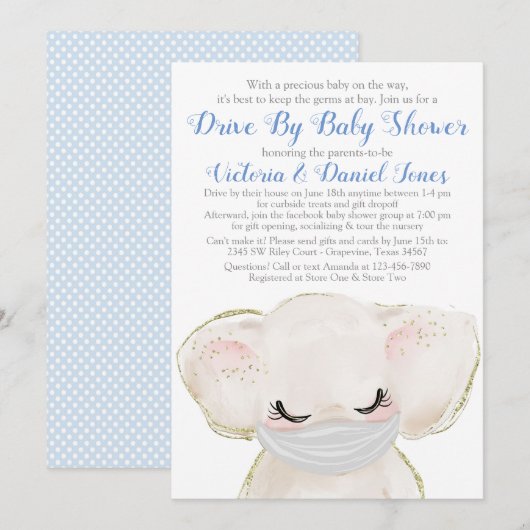 Invitation Baby Elephant avec Masque Drive Par Baby shower (Devant / Derrière)
