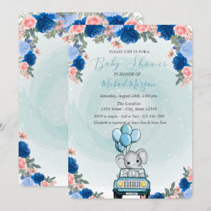Invitation Baby Elephant Car Baby shower Floral