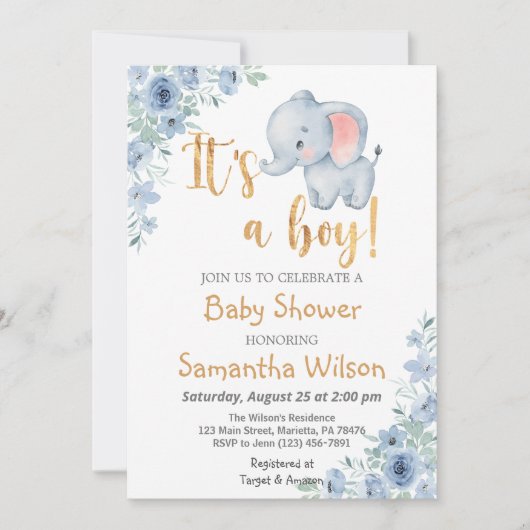 Invitation Baby Elephant C'est un Baby shower garçon (Devant)