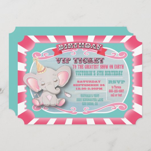 Invitation Baby Elephant Circus Billets Anniversaire Invitati (Devant / Derrière)