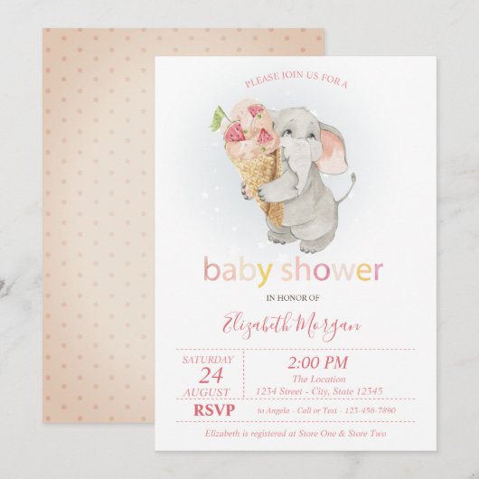 Invitation Baby Elephant Crème glacée Baby shower Pois (Devant / Derrière)
