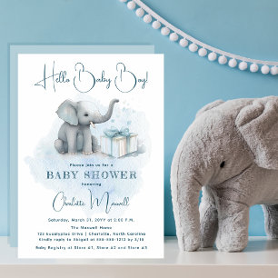 Invitation Baby Elephant Hello Baby Boy Baby shower bleu