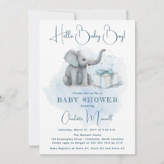 Invitation Baby Elephant Hello Baby Boy Baby shower bleu (Devant)