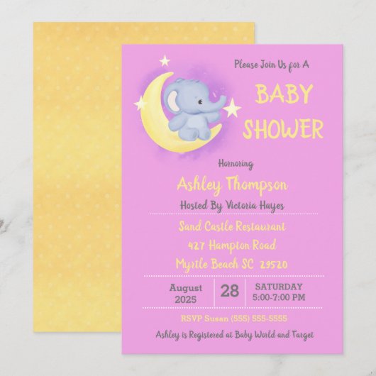 Invitation Baby Elephant Moon et Baby shower des étoiles (Devant / Derrière)