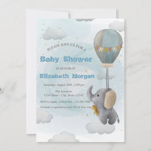 Invitation Baby Elephant, Nuage, Baby shower étoiles (Devant)