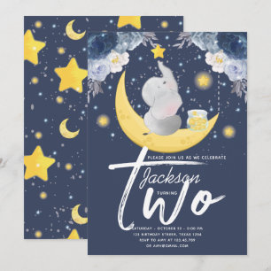 Invitation Baby Elephant on Moon Deuxième anniversaire