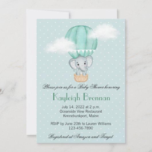 Invitation Baby Elephant Pale Green Hot Air Balloon Invitat (Devant)