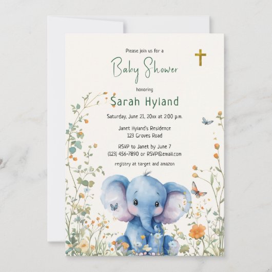 Invitation Baby Elephant & Papillons Baby shower orthodoxe (Devant)