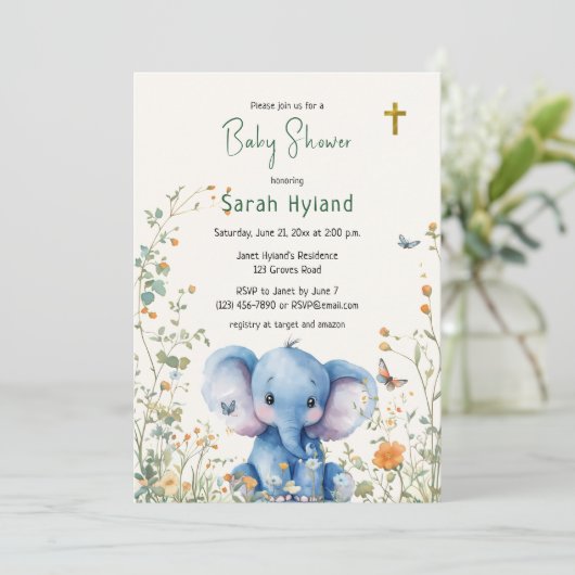 Invitation Baby Elephant & Papillons Baby shower orthodoxe (Debout devant)