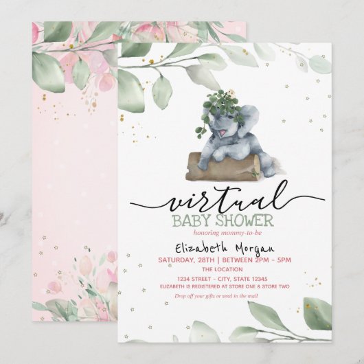 Invitation Baby Elephant Stars Baby shower virtuel Feuille (Devant / Derrière)