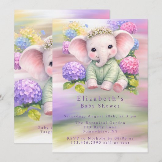 Invitation Baby Elephant with Hydrangeas Baby Shower (Devant / Derrière)