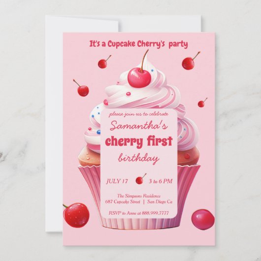 Invitation Baby First Cherry & Cupcake fête d'anniversaire (Devant)