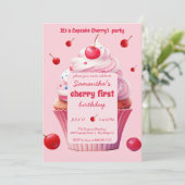 Invitation Baby First Cherry & Cupcake fête d'anniversaire (Debout devant)