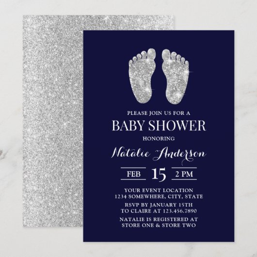 Invitation Baby Foot Modern Navy Baby shower Parties scintill (Devant / Derrière)