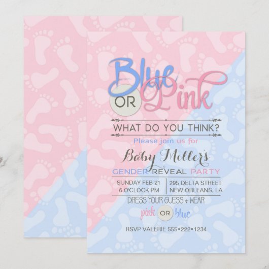 Invitation Baby Genre Revela Party Pink Blue Empreinte (Devant / Derrière)