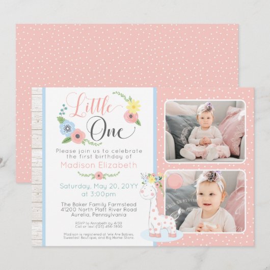 Invitation Baby Giraffe First Birthday Floral Photo Collage (Devant / Derrière)