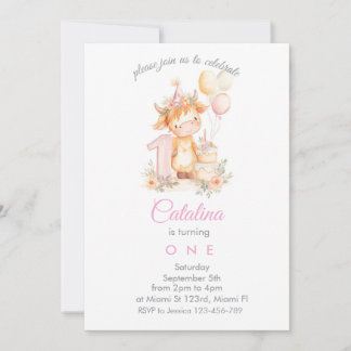 Invitation Baby Girl 1st Birthday highland cow