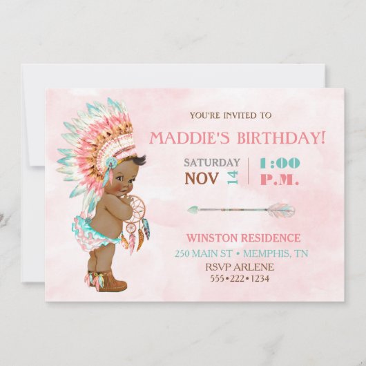 Invitation Baby Girl African American Tribal Headdress Blush (Devant)