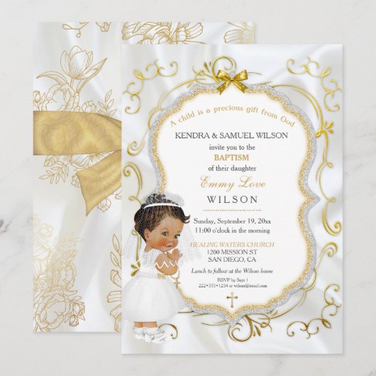 Invitation Baby Girl Baptism Communion Gold Cross (Devant / Derrière)