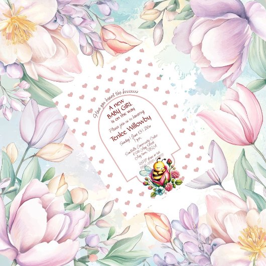 Invitation Baby Girl Bee Sleeping In a Rose