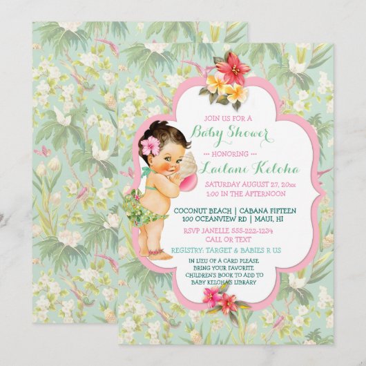 Invitation Baby Girl Bikini Tropical Luau Hawaiian Shell (Devant / Derrière)