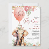 Invitation Baby Girl blush rose ballon baby shower d'éléphant (Devant)