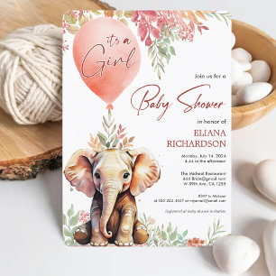 Invitation Baby Girl blush rose ballon baby shower d'éléphant