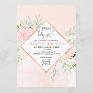 Invitation Baby Girl Blush rose rose rose or floral