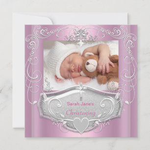 Invitation Baby Girl Christening Baptême Croix rose en argent