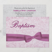 Invitation Baby Girl Christening Pink Damask Metallic (Devant / Derrière)