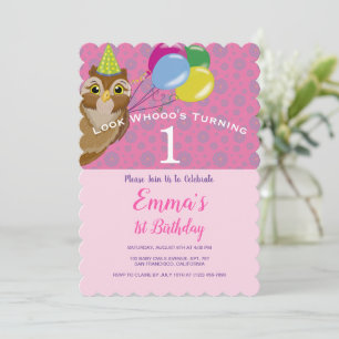 Invitation Baby Girl Cute Owl Balloons 1st Birthday Invitatia