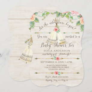 Invitation Baby Girl Douche BOHO Teepee Arrow Barn Bois Board