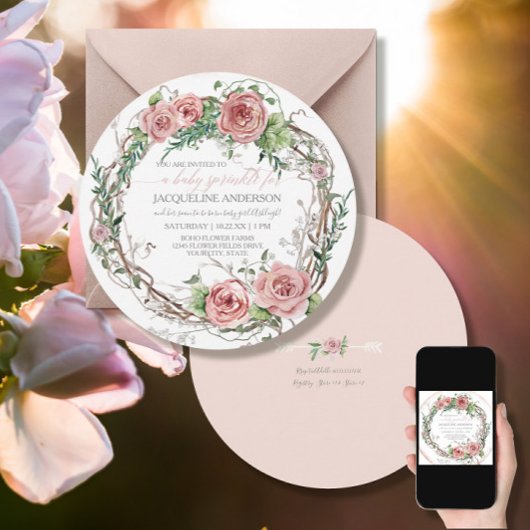 Invitation Baby Girl Douche BOHO Watercolor Flower Wreath