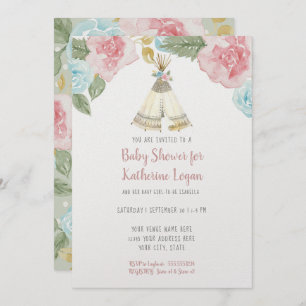 Invitation Baby Girl Douche Bois Mint Floral Aquarelle