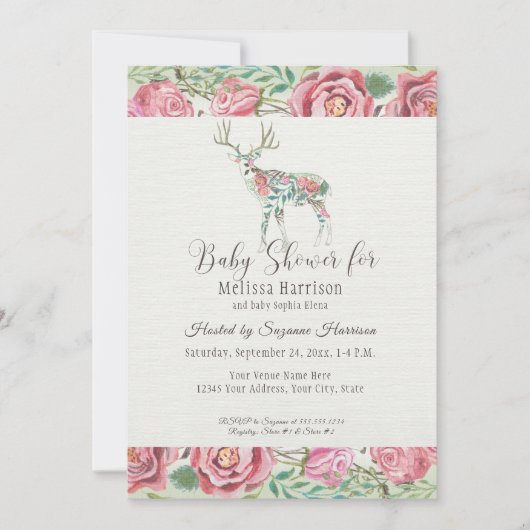 Invitation Baby Girl Douche Élégante Rose Floral Deer Antlers (Devant)