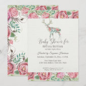 Invitation Baby Girl Douche Élégante Rose Floral Deer Antlers (Devant / Derrière)
