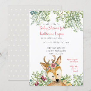 Invitation Baby Girl Douche Forêt Forêt Gris Cerf Floral