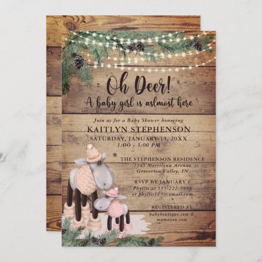 Invitation Baby Girl Douche mignonne Rustique Cerf d'hiver (Devant / Derrière)
