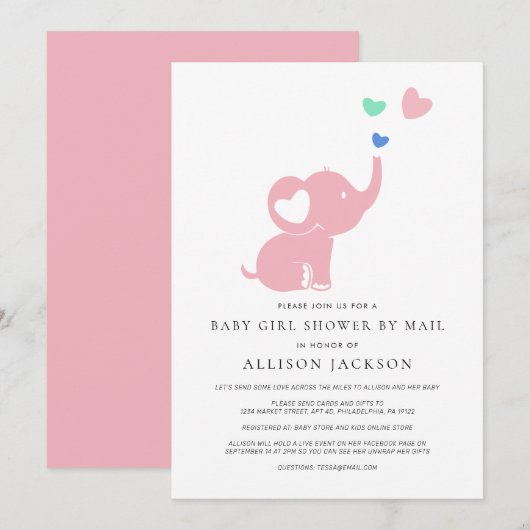 Invitation Baby Girl Douche Par Mail Pink Elephant (Devant / Derrière)