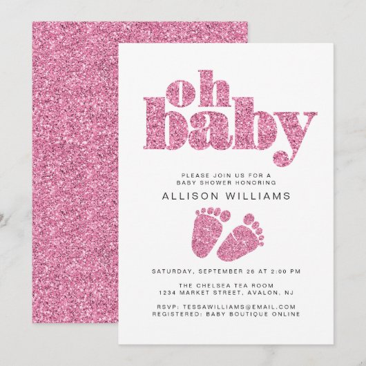 Invitation Baby Girl Douche Parties scintillant rose (Devant / Derrière)
