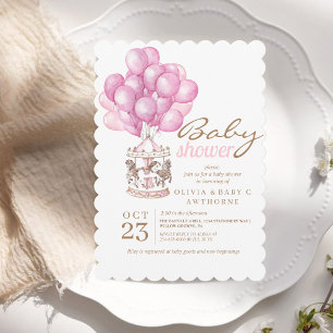 Invitation Baby Girl Douche rose Balloon mignonne