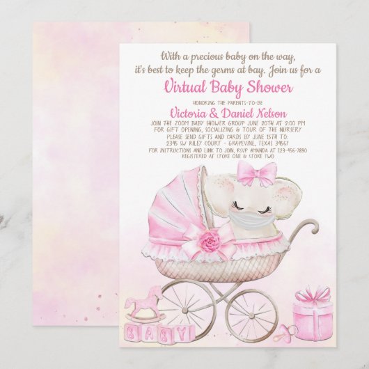 Invitation Baby Girl Elephant avec Masque Zoom Baby shower (Devant / Derrière)