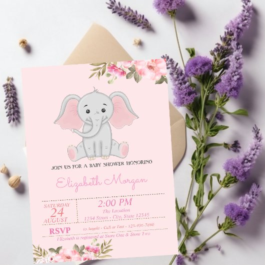 Invitation Baby Girl Elephant, Baby shower Floral