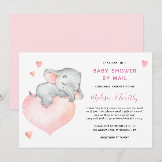 Invitation Baby Girl Elephant Baby shower Par Mail (Devant / Derrière)