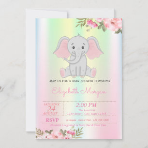 Invitation Baby Girl Elephant, Iridescente Baby shower Floral