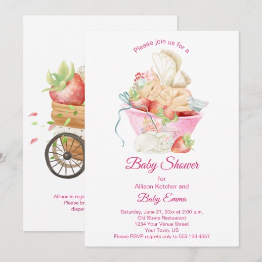 Invitation Baby Girl Fairy in Pink Teacup Baby shower | (Devant / Derrière)