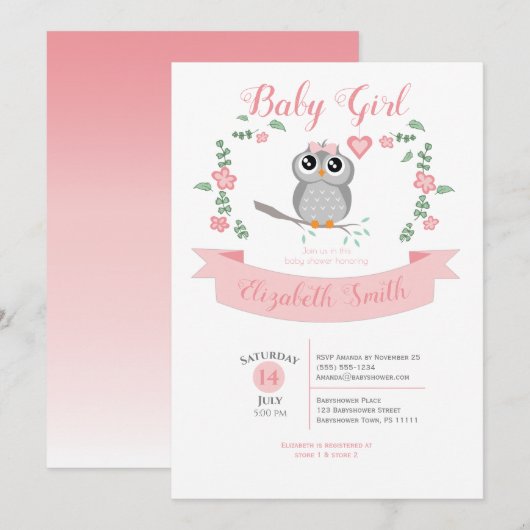 Invitation Baby Girl owl bear baby shower (Devant / Derrière)