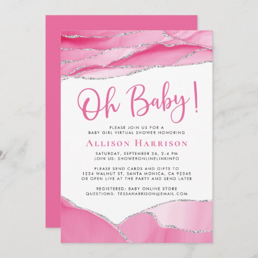 Invitation Baby Girl Pink Geode Douche virtuelle (Devant / Derrière)