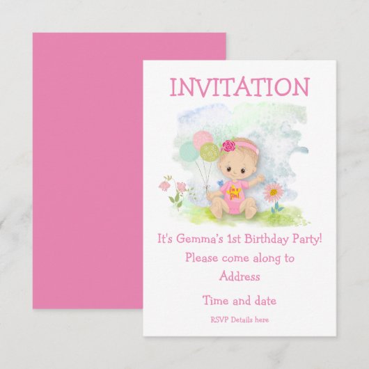 Invitation Baby Girl rose Première fête d'anniversaire (Devant / Derrière)